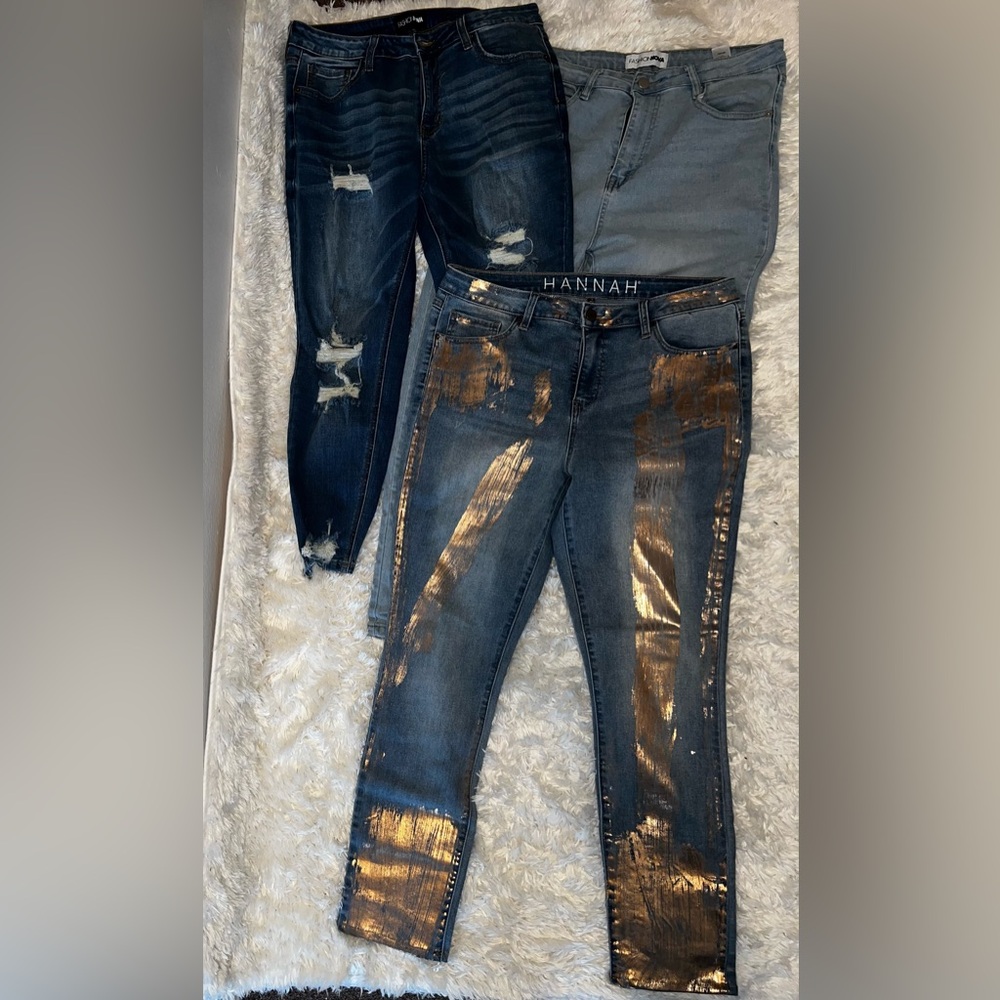 Hannah Blue and Gold Skinny Jeans with Artistic Metallic Accents Bundle